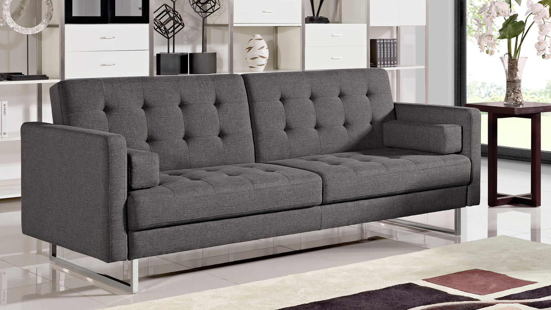 Beta Fabric Sofa Bed with Polished Steel Legs Charcoal Zuri Furniture