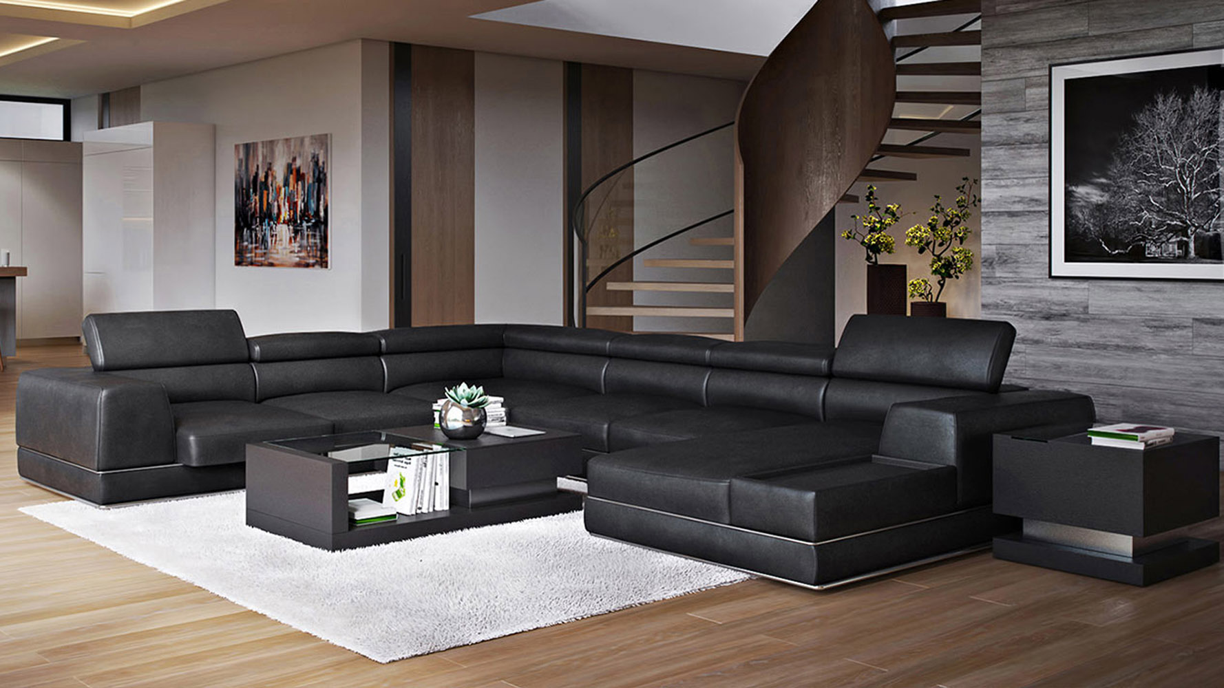 Wynn Black Leather Sectional Sofa with Adjustable Headrests Zuri