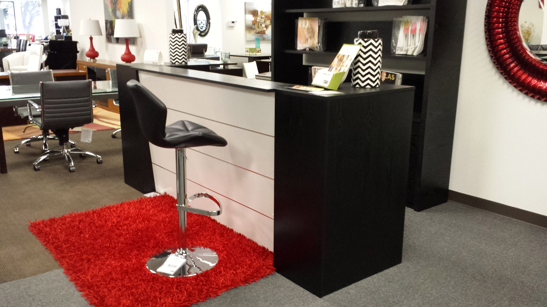 Clinton Reception Desk in Black Oak with White Acrylic Front Zuri