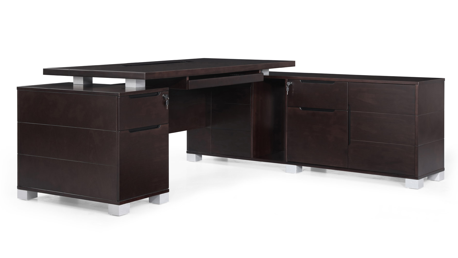 Ford Executive Modern Desk with Filing and Return Dark Walnut Veneer Zuri Furniture