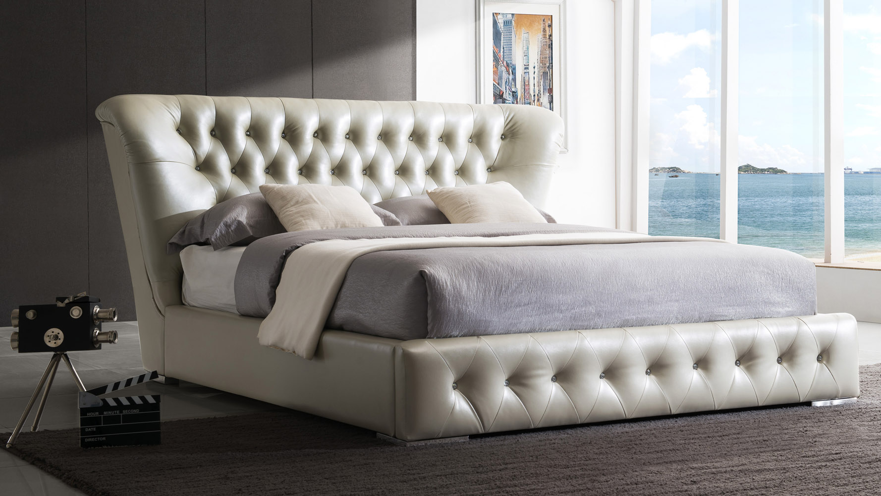 Gemini Champagne Leather Platform Bed Zuri Furniture