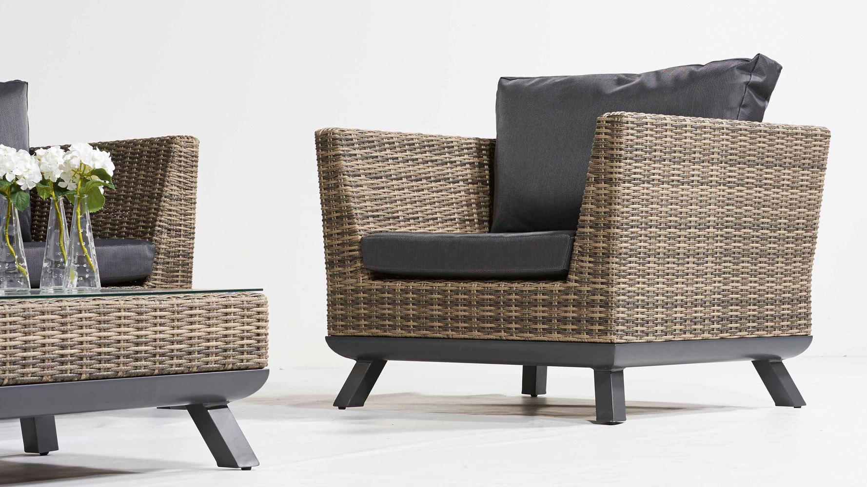 Greywash Rattan Pandora Outdoor Lounge Set with Black Cushions Zuri