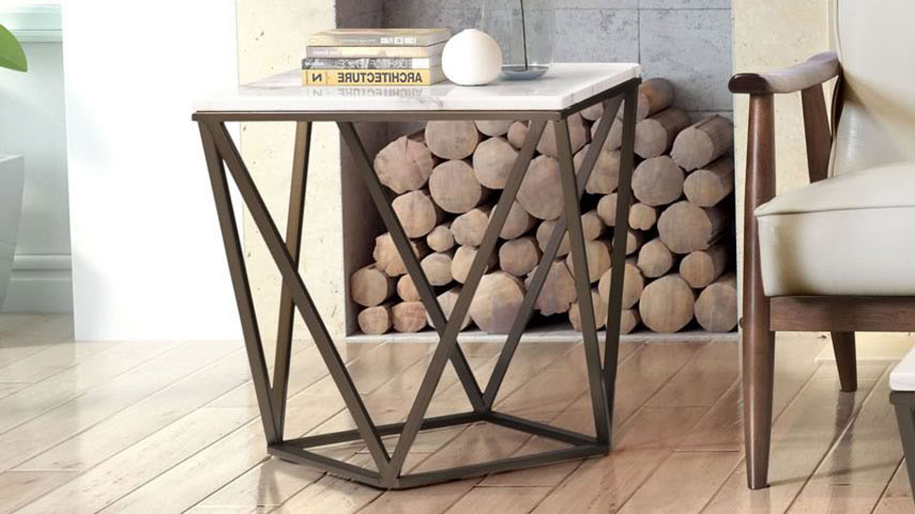 Klee Faux Marble End Table, Stone & Antique Brass Zuri Furniture