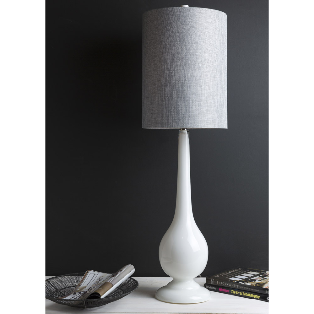 Madeleine Glass Base and Cylinder Shade Table Lamp, White Zuri Furniture