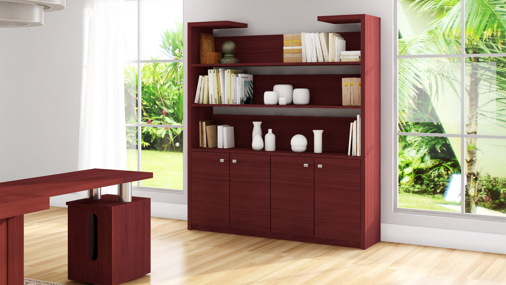 Madison Bookcase in Red Mahogany Finish with Storage Zuri Furniture