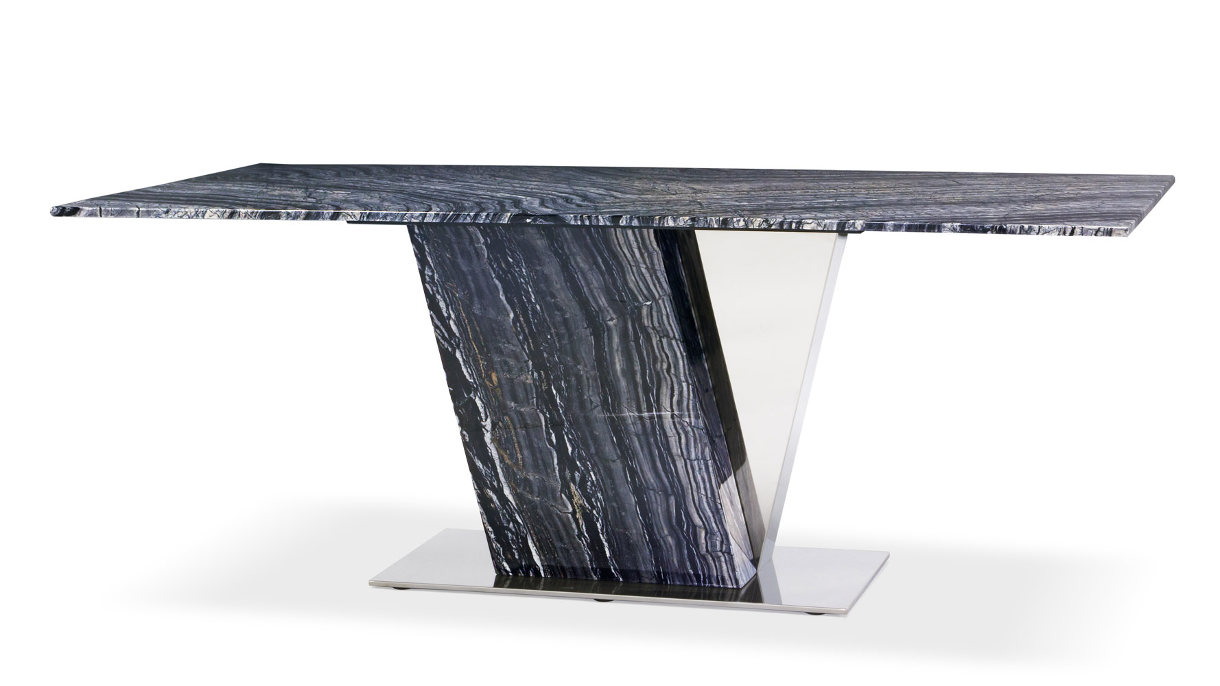 Malbec Black and Grey Marble Dining Table with Polished Stainless Steel