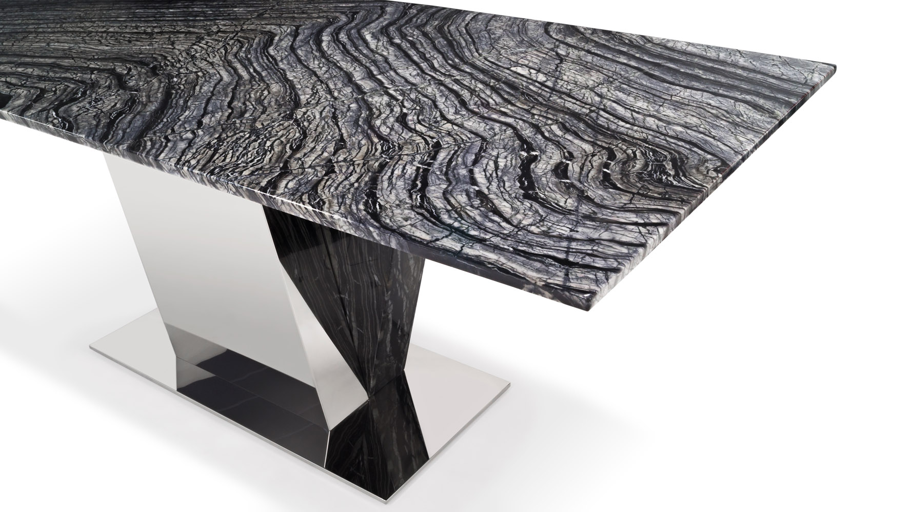 Malbec Black and Grey Marble Dining Table with Polished Stainless Steel