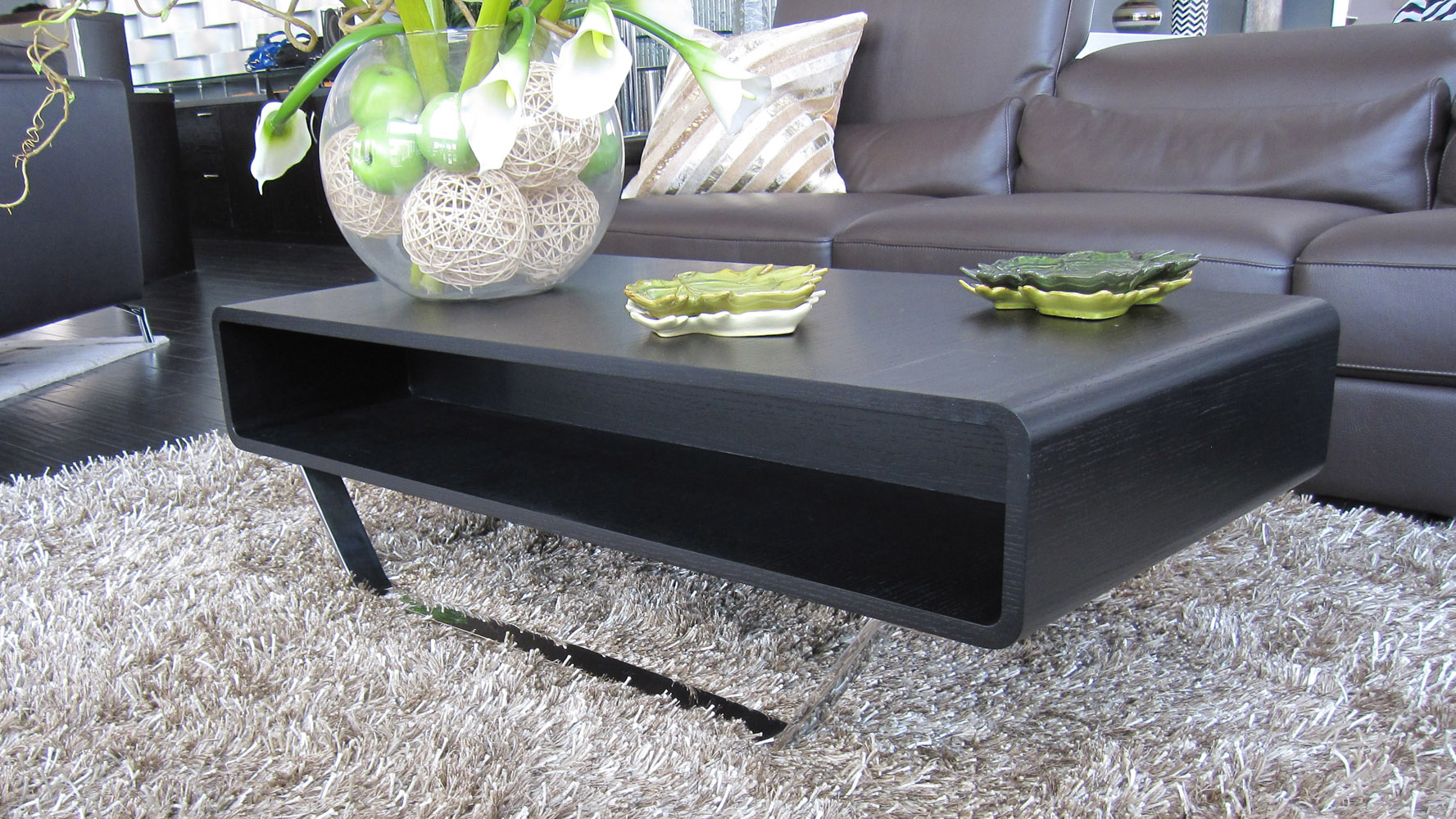 Miles Black Oak Veneer Modern Coffee Table with Metal Base Zuri Furniture