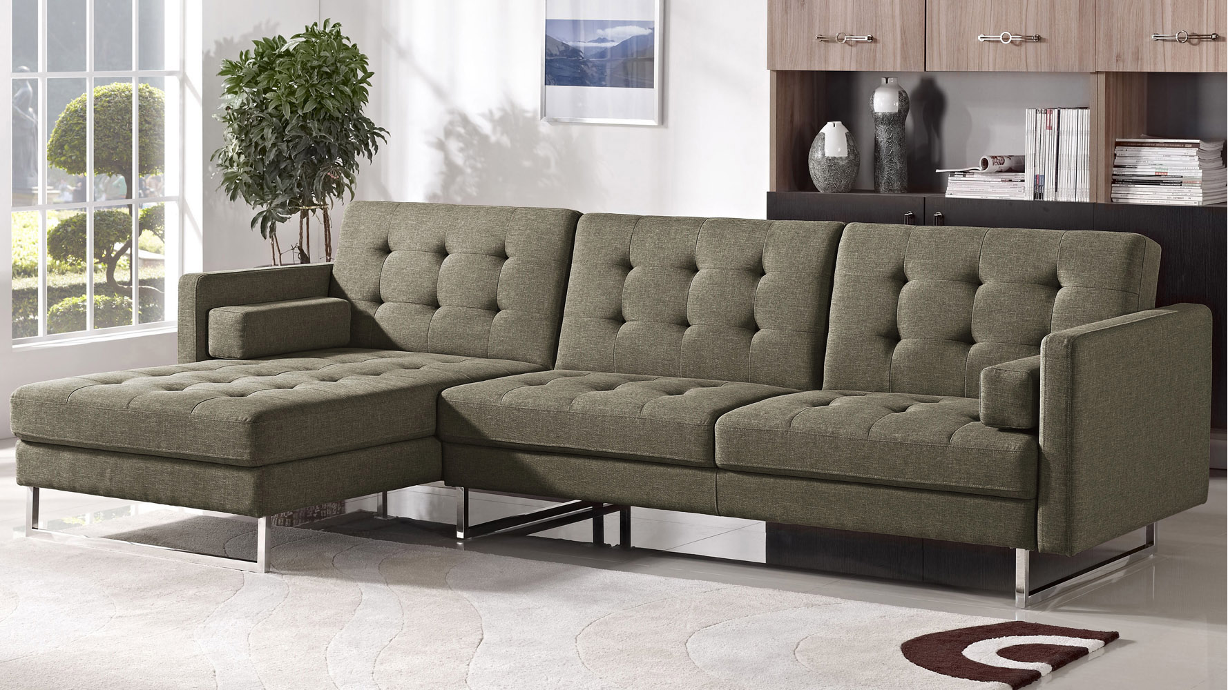 Quinn Modern Brown Fabric Upholstered Sleeper Sectional Sofa Zuri
