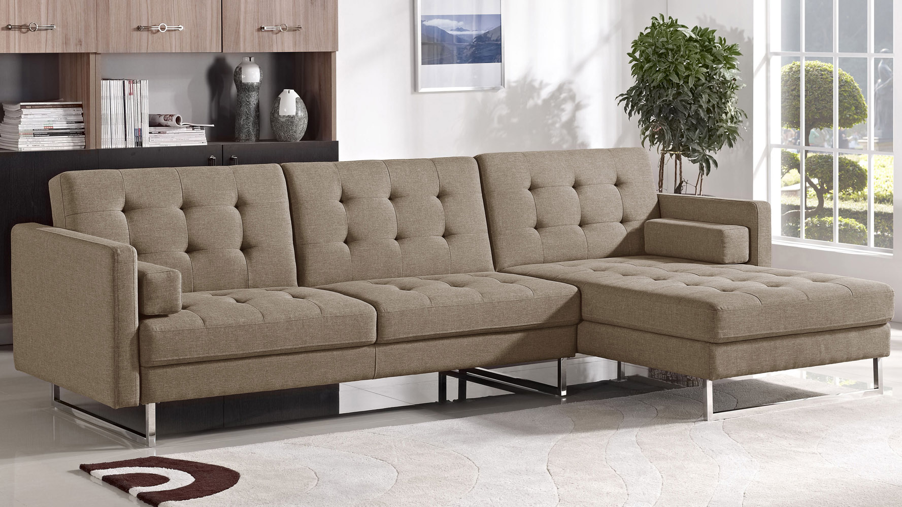 Quinn Modern Brown Fabric Upholstered Sleeper Sectional Sofa Zuri