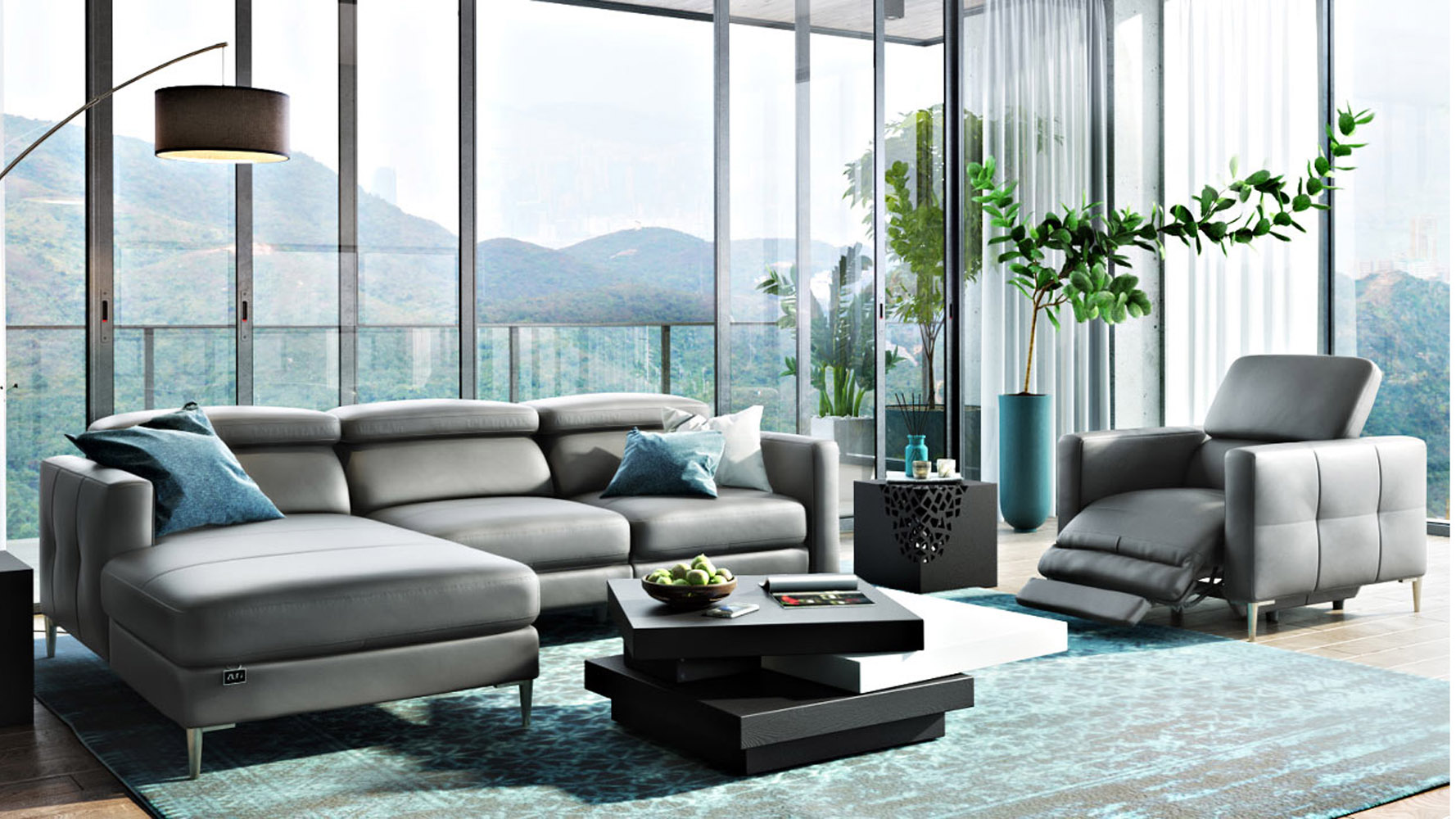 Modern Grey Leather Reno Sectional with Arm Chair Zuri Furniture