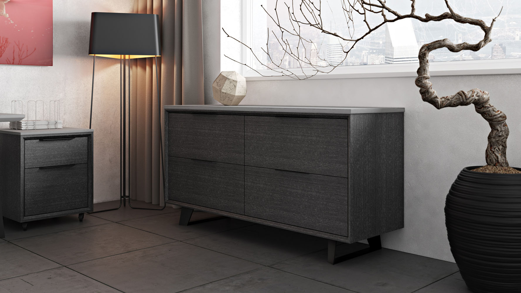 Modern Adal File Credenza Concrete on Gray Oak Zuri Furniture