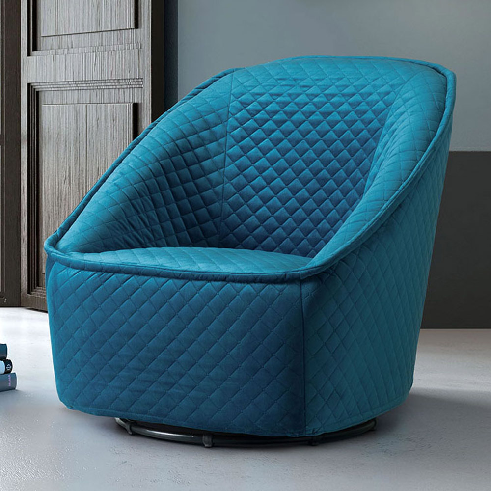Modern Philip Swivel Chair Quilted Aquamarine Velvet Zuri Furniture