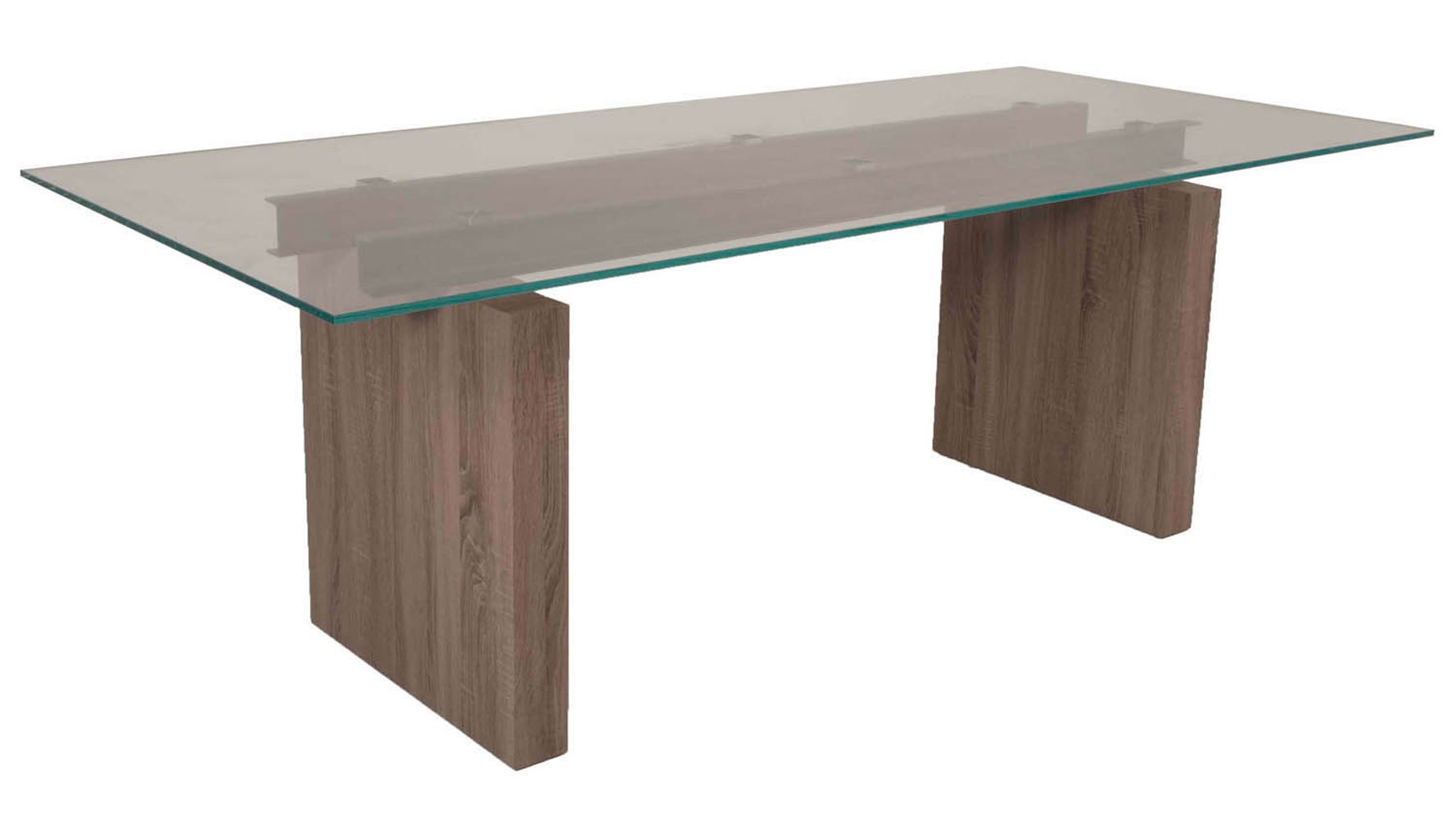 Modern Trestle Dining Table Driftwood Base 12mm Tempered Super Clear