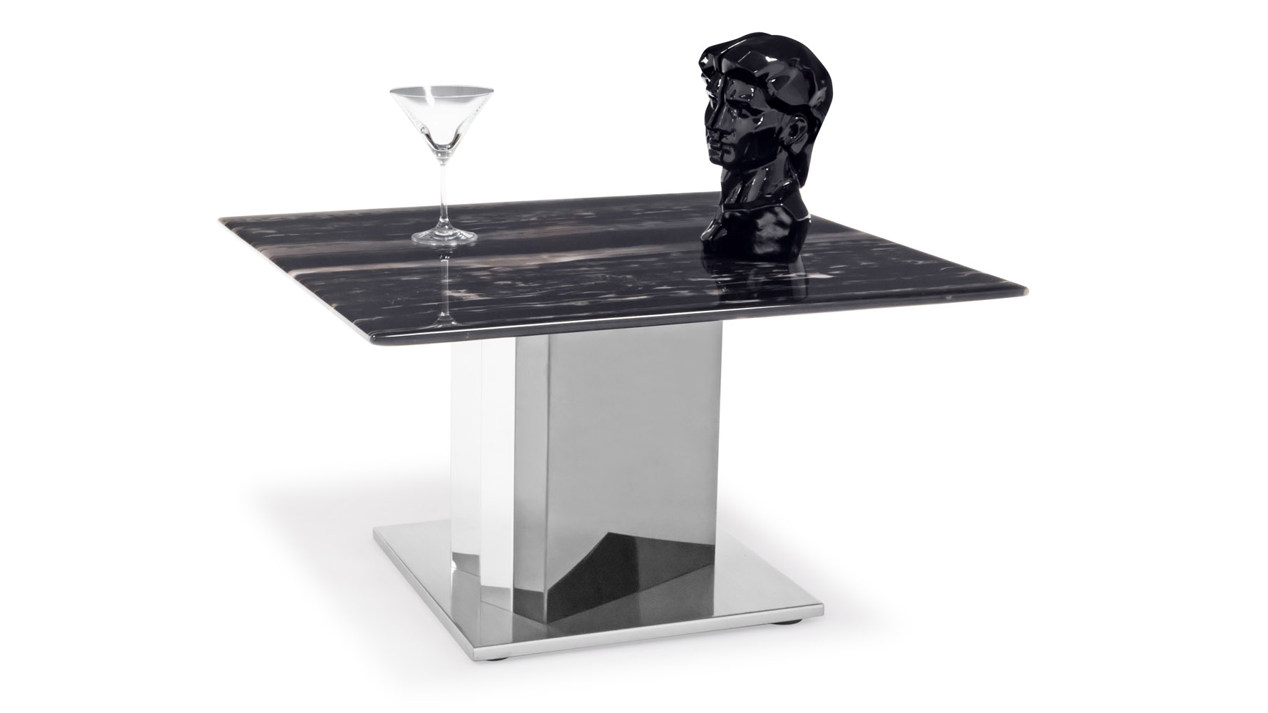 Nero Black and White Marble End Table with Polished Stainless Steel Base Zuri Furniture