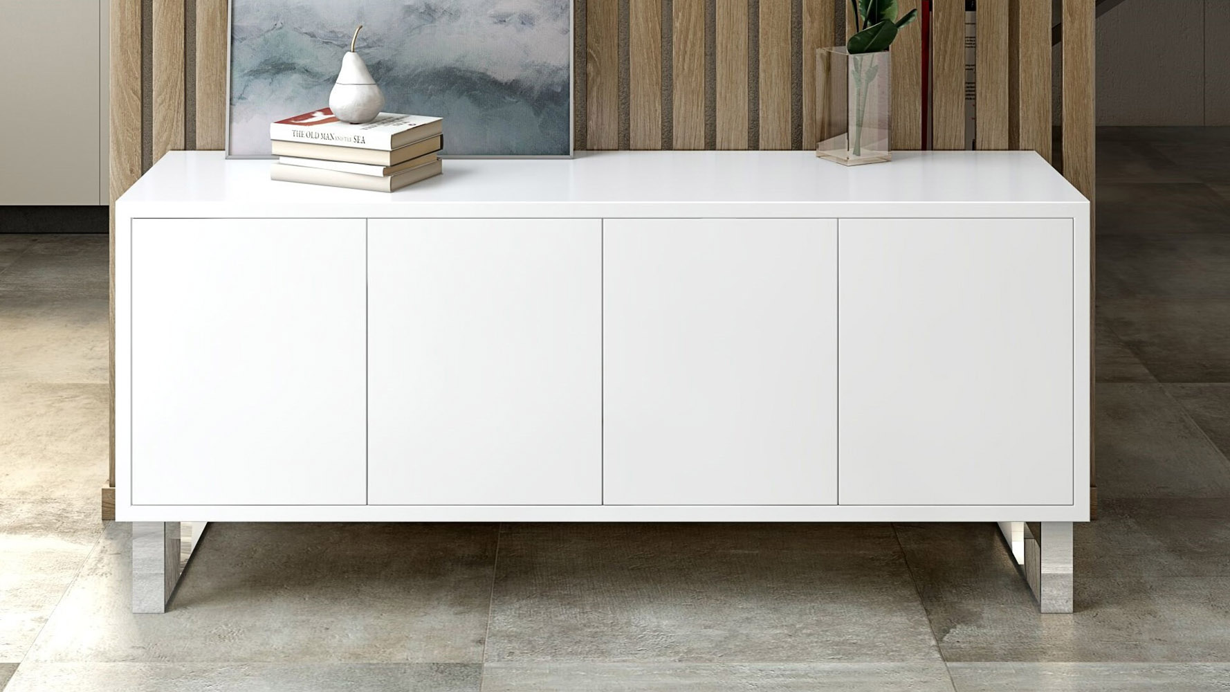 Neve Sideboard in White High Gloss Lacquer with Polished Stainless