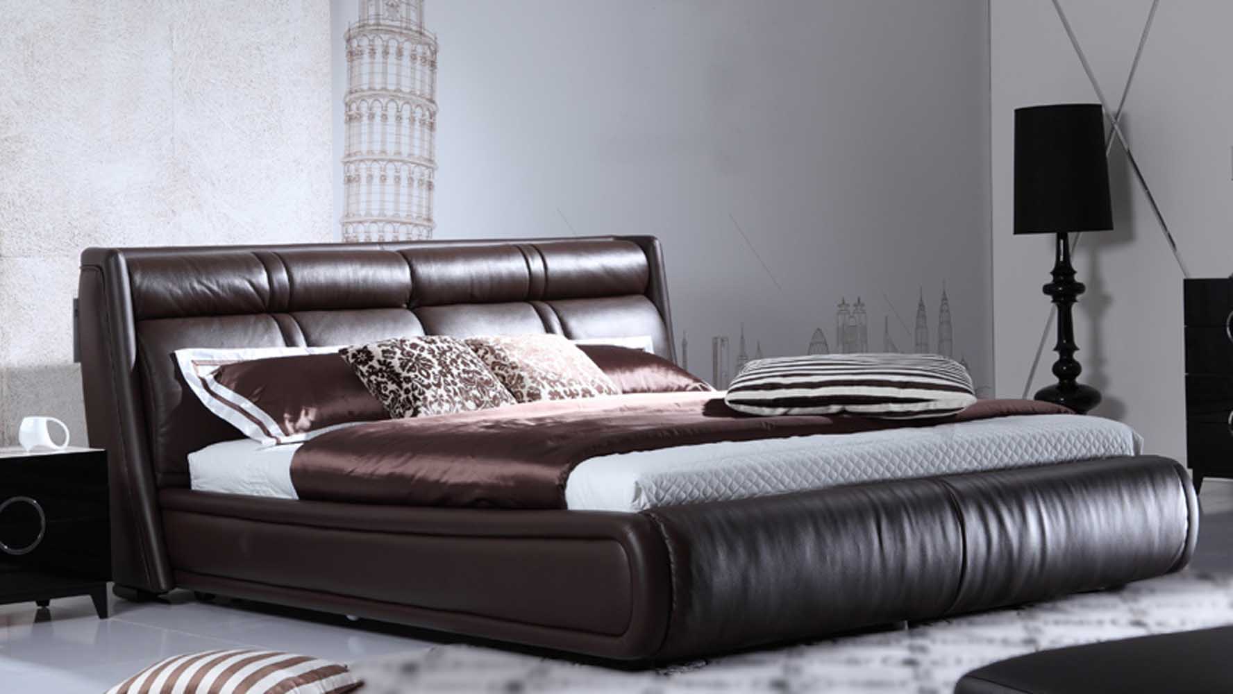 Soho Leather Contemporary Platform Bed Brown Zuri Furniture