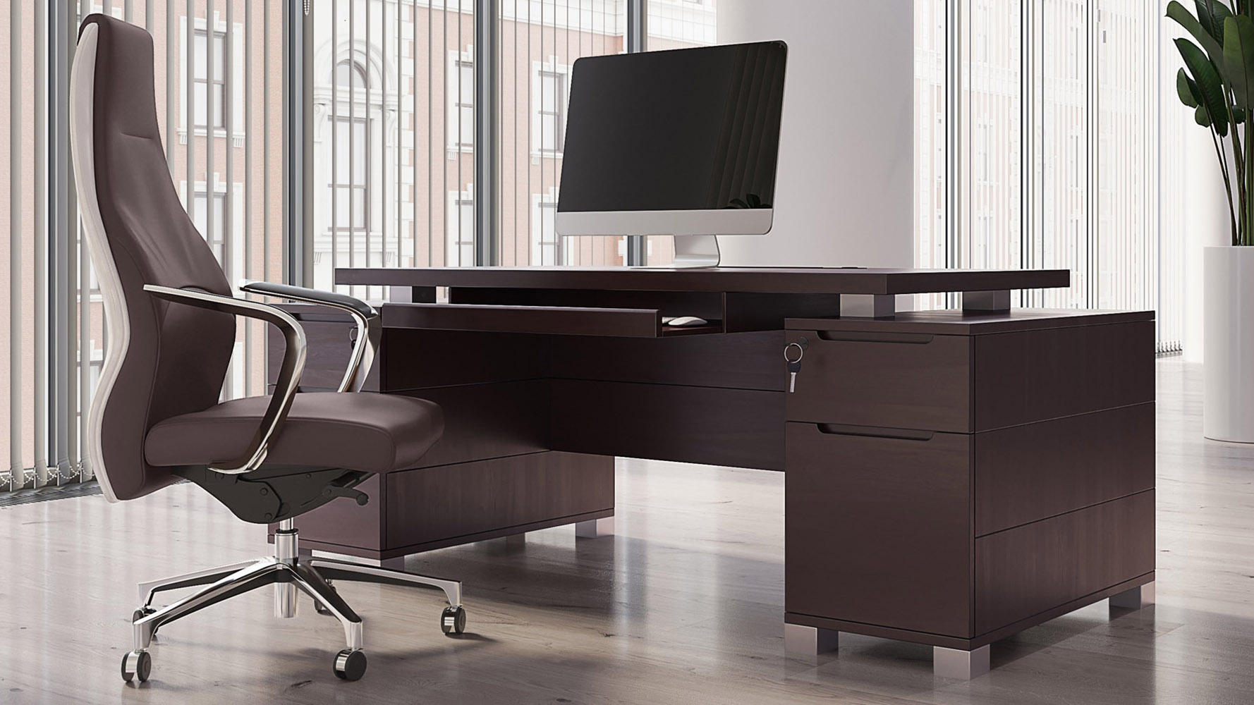 LITTLE TREE 63 Inch Large Executive Computer Office Desk, Brown+Black 