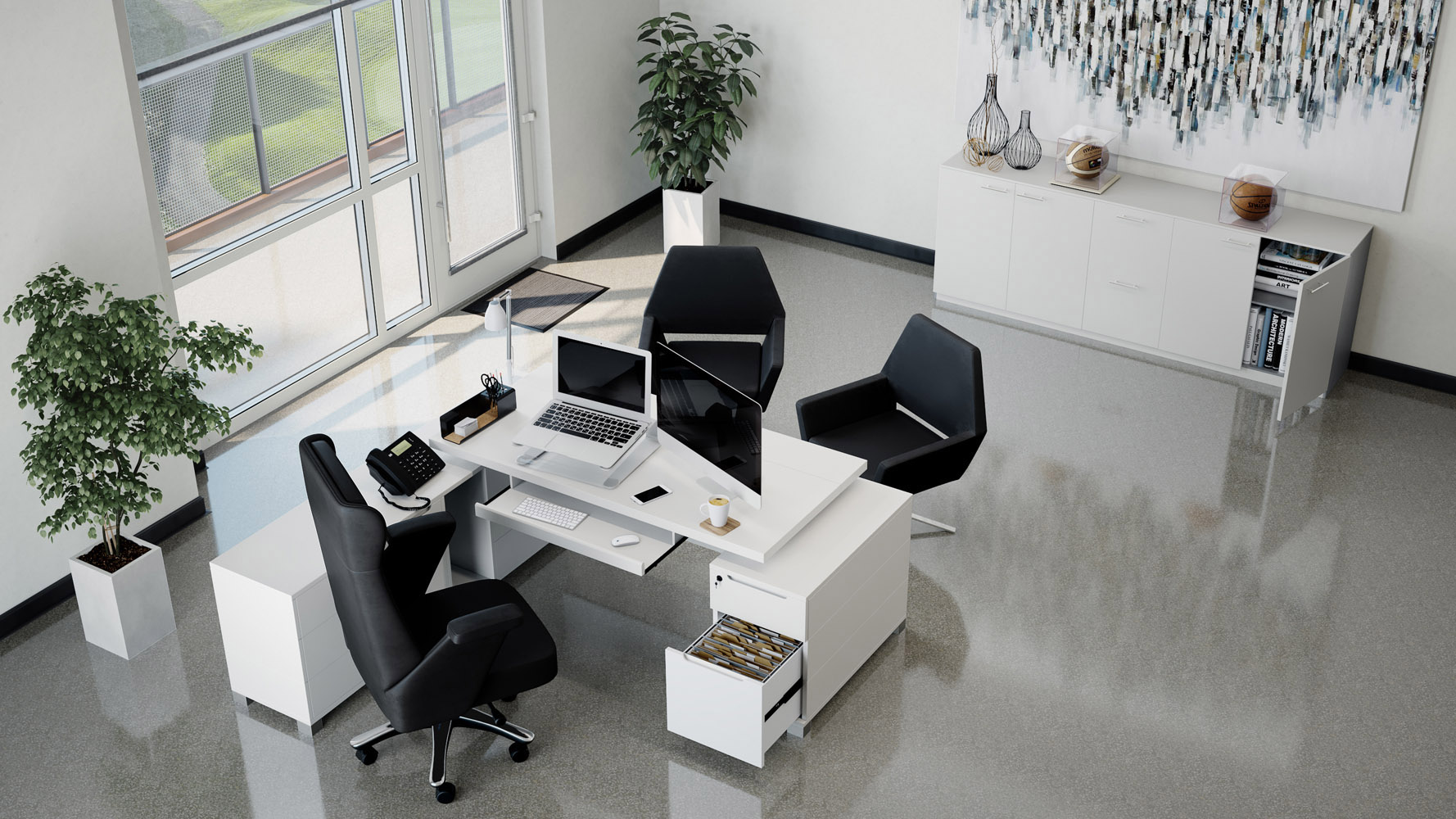 White Finish Ford Executive Modern Desk with Filing Cabinets - Left Return, image size:1778x1000