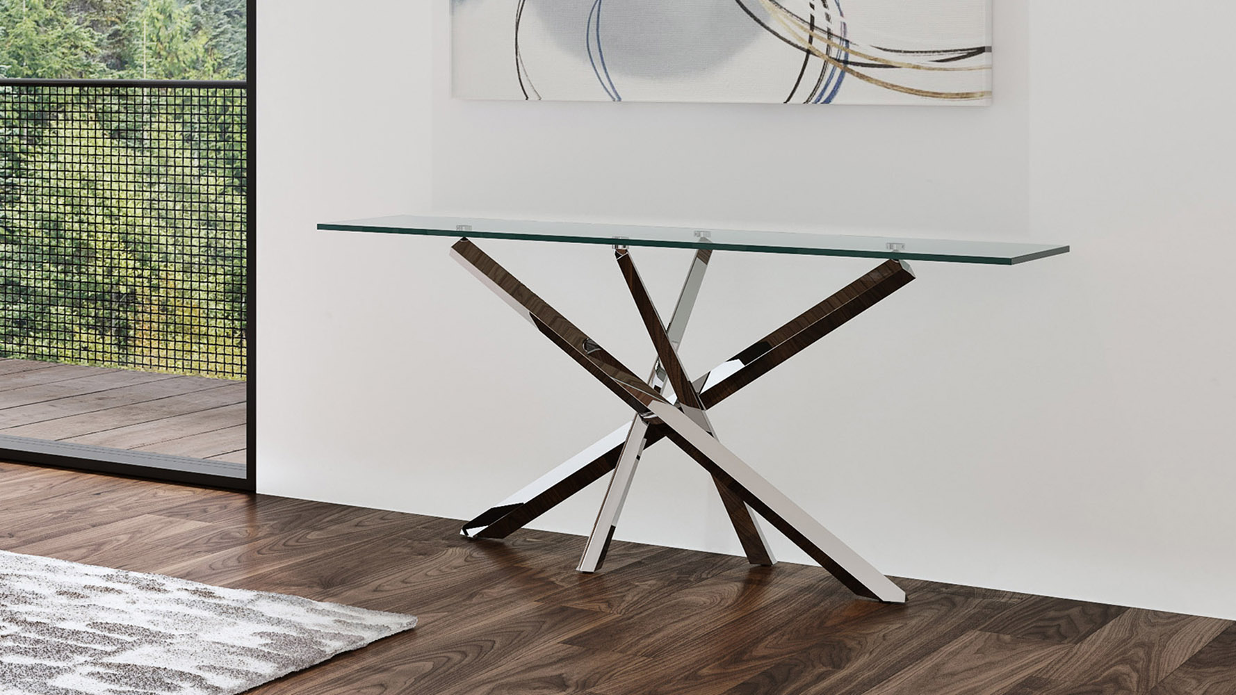 Cortez Console Table in Clear Glass with Polished Stainless Steel Base