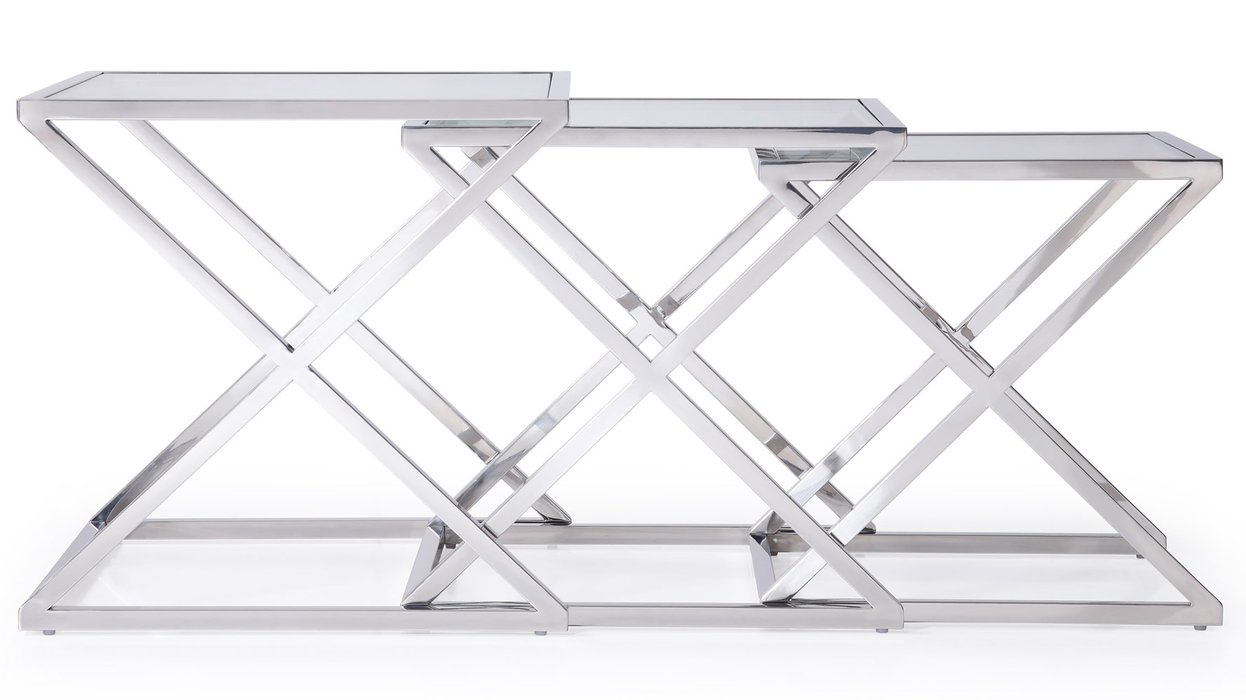 Zafiro Nesting Side Tables in Clear Glass with Polished Stainless Steel Base Zuri Furniture