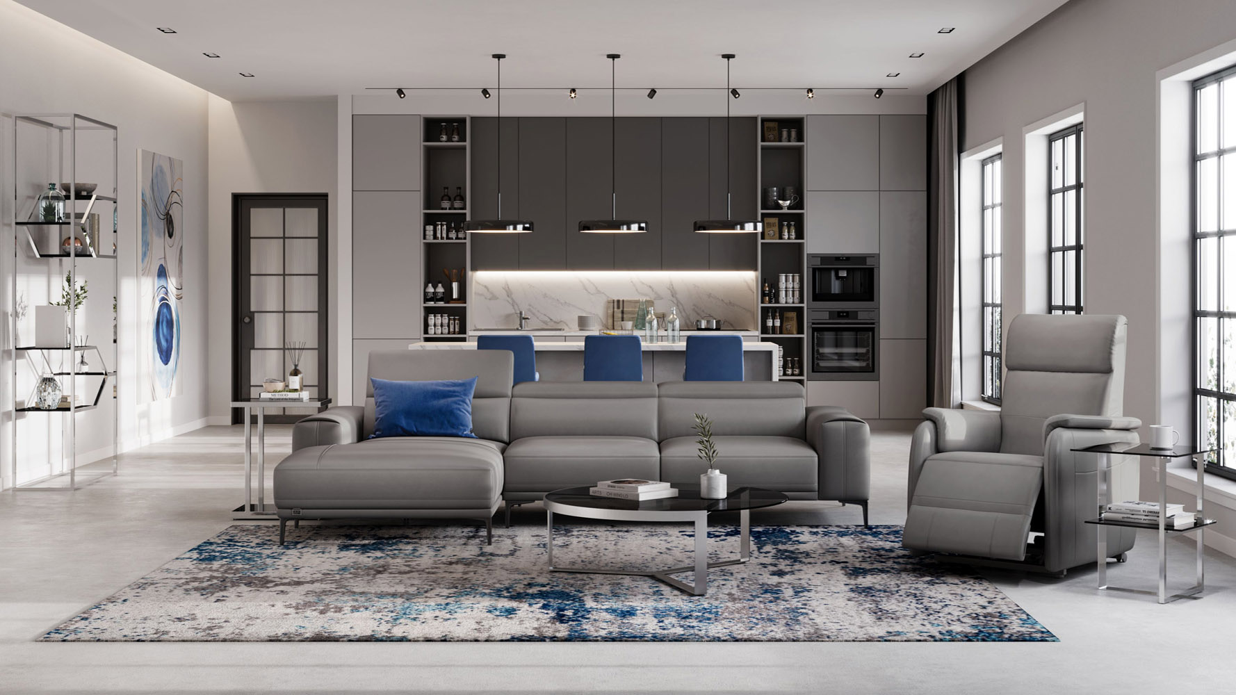 Rousso Leather Sectional Sofa with Chaise - Slate | Zuri