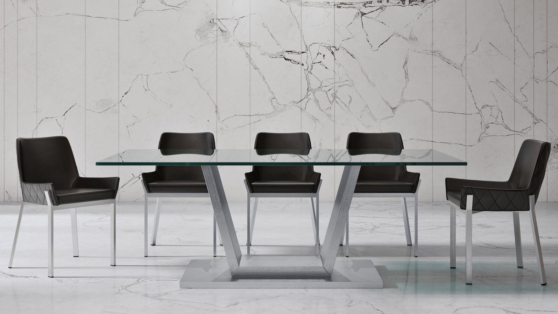 Vilma 82 Inch Dining Table In Clear Glass With Brushed Stainless