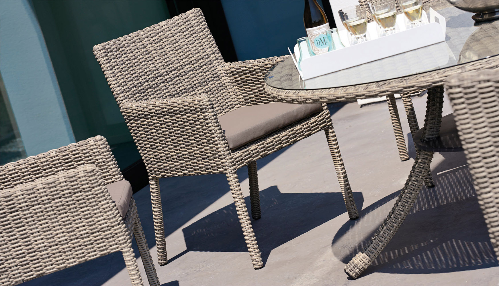 Greywash Rattan Allegra Outdoor Dining Set With Grey Cushions Zuri Allegra Outdoor Dining Set