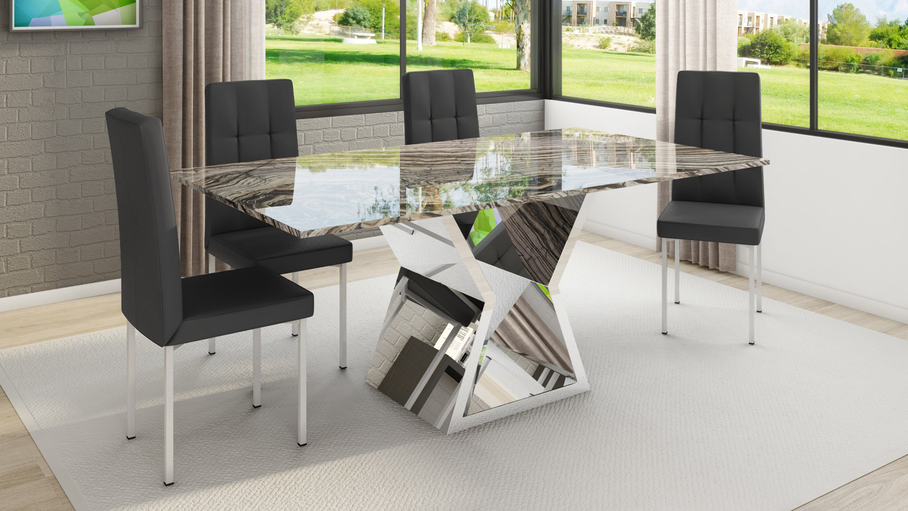 Grigio 71 Inch Grey Marble Dining Table with Polished Stainless Steel