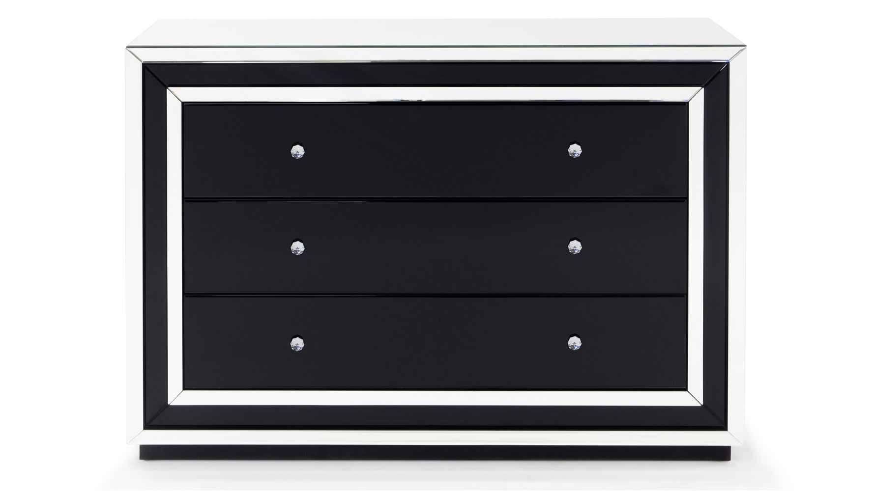 49.2 Wide Modern Malibu Accent Chest Clear and Smoked Black Mirrored Finish 3 Drawers Clear Crystal Pulls