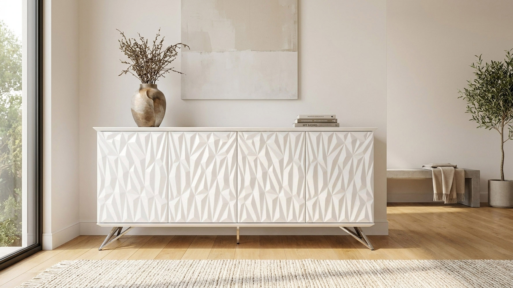 78.8” Wide Modern Vortice Sideboard Glossy White Lacquer Polished Stainless Steel Legs Geometric Paneling 4 Doors Adjustable Shelving
